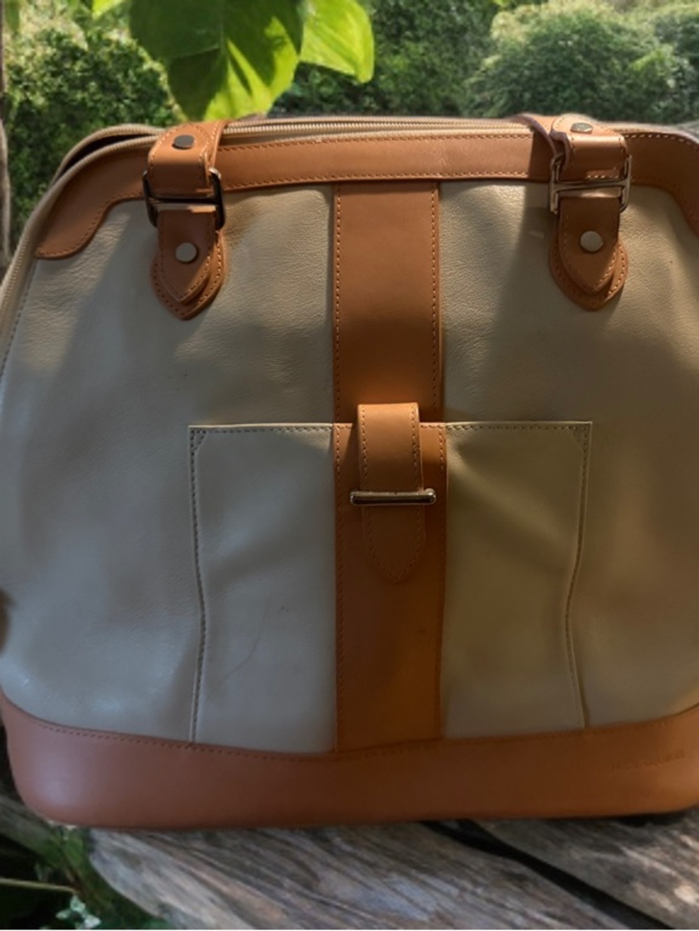 Cream and Tan Two-Tone Leather Tote Bag